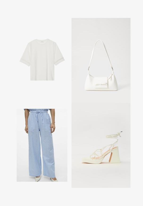 Biała, krótka koszulka z bawełny z dekoracyjnym koronkowym wykończeniem przy rękawach i okrągłym dekoltem.; Pasiaste spodnie w szerokim kroju w jasnoniebieskim i białym kolorze, z elastycznym pasem ze sznurkiem i miękką teksturą materiału. Charakteryzują się luźnym krojem i casualowym stylem.; Biała sandał na wysokim obcasie z masywnym słupkiem, z paskowym wzorem i wiązaniem przy kostce. Gładka faktura z platformą z przodu dla dodatkowej wysokości.; Biała syntetyczna torba o trójkątnym kształcie, płaskim przednim klapce i detalach w postaci kokardy, regulowanym pasku, gładkiej fakturze oraz minimalistycznym designie.