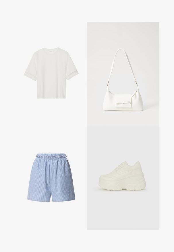 Bela kratka majica s kratkimi rokavi iz bombaža, okrašena z dekorativnim čipkastim robom ob rokavih in okroglo izrezom.; Prugasti modri kratki hlače z elastičnim pasom in tkano vrvico. Imajo navpične bele črte in sproščen kroj.; Bele platformske tene z belim zgornjim delom, ki spominja na usnje, okroglo obliko, oblazinjen ovratnik ter gumo z teksturo na podplatu z izrazitimi profili.; Bela sintetična torbica v obliki trikotnika, z ravnim sprednjim poklopcem in detajlom mašne, nastavljivim trakom, gladko teksturo in minimalističnim dizajnom.