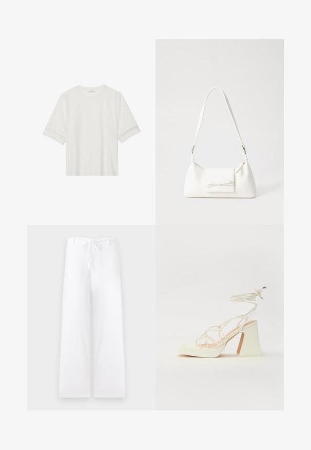Balta trumpomis rankovėmis marškinėliai, pagaminti iš medvilnės, su dekoratyviais nėriniais aplink rankoves ir apvaliu kaklu.; Baltos, plačios kojų kelnės su raišteliu juosmenyje. Pagamintos iš lengvos medžiagos, su paprastu dizainu be papuošimų ar kišenių.; Balti aukštakulniai sandalai su masyviu kulnu, su dirželių dizainu ir kulkšnies raiščiu. Lygi tekstūra su platforma priekyje, suteikianti papildomą aukštį.; Balta sintetinė rankinė trikampio formos, plokščiu priekiu su užsegimu, kaspino detale, reguliuojama dirželiu, lygia tekstūra ir minimalistišku dizainu.