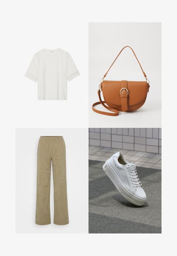Bílé tričko s krátkým rukávem vyrobené z bavlny, s dekorativní krajkovou aplikací na rukávech a kulatým výstřihem.; Kalhoty s širokým nohavicemi z jemného kordu v matné olivově zelené barvě. Mají texturované pruhy, elastický pas a pohodlný střih. Žádné viditelné kapsy.; Bílé kožené tenisky s nízkým designem, plochými tkaničkami, zaoblenou špičkou a texturovanými bočními stranami. Silná gumová podrážka s jemnými akcenty.; Hnědá kožená křížová taška s zakřiveným tvarem, zlatými detaily a akcentem s přezkou. Obsahuje odnímatelný popruh na rameno.