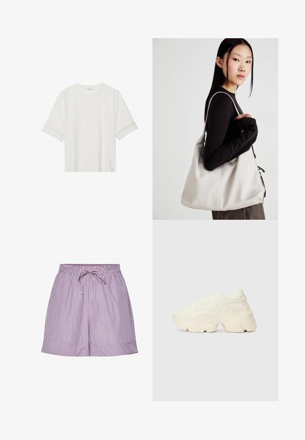 Balta trumpomis rankovėmis marškinėliai, pagaminti iš medvilnės, su dekoratyviais nėriniais aplink rankoves ir apvaliu kaklu.; Rožiniai ir mėlyni dryžuoti šortai su elastinga juosta ir raišteliu. Yra platus apvadas apačioje ir laisvas siluetas.; Masyvios baltos sportbačiai, pagaminti iš tekstūruoto tinklelio ir sintetinių medžiagų, pasižymintys storu padu ir išsamiu raštų detalizavimu šonuose.; Bežinė rankinė, pagaminta iš minkštos medžiagos, turinti laisvą dizainą, siuvinėtas detalės ir dvi petnešos. Tinkama kasdieniam naudojimui.