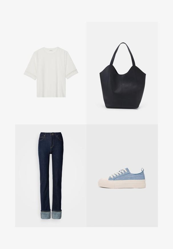 Tricou alb cu mânecă scurtă, confecționat din bumbac, cu dantelă decorativă pe marginea mânecilor și un guler rotund.; Blugi din denim albastru închis, cu croială dreptă și tiv întors, cusături contrastante. Talie pe mijloc, cu închidere clasică cu nasture.; Sneakers din pânză de culoare albastru deschis, cu vârf și talon din cauciuc crem, având șireturi albe și un maner pe călcâi.; Geantă de umăr neagră, realizată din piele netedă, cu un design minimalist, având un vârf deschis curbat și două mânere pentru umăr.