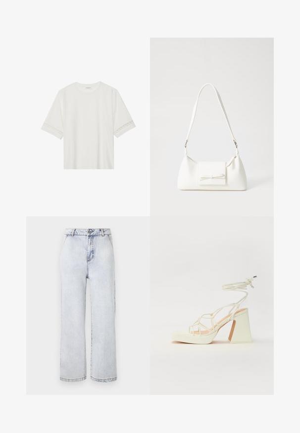 Balta īsām piedurknēm T-kreklu, izgatavotu no kokvilnas, ar dekoratīvu mežģīņu apdari ap piedurknēm un apaļu kakla izgriezumu.; Gaiši zili denima platleņķa džinsi ar augsto jostasvietu, ar poga aizdari, taisnu apakšu un minimālu izbalēšanu.; Baltas augstpapēžu sandales ar masīvu papēdi, ar siksnu dizainu un potītes saistītiem elementiem. Gluda tekstūra ar platformu priekšpusē, lai nodrošinātu papildu augstumu.; Balta sintētiska soma ar trīsstūrveida formu, plakanu priekšējo vāciņu un loku detaļu, regulējamu siksnu, gludu tekstūru un minimālistisku dizainu.