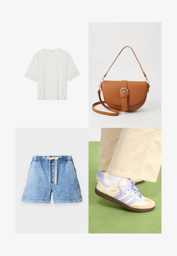 Bjela majica kratkih rukava od pamuka, s dekorativnom čipkastom obrubom duž rukava i okruglim izrezom.; Svijetloplave traper kratke hlače s elastičnim pojasom i detaljem vezice. Imaju dva bočna džepa i ravni rub.; Kremasto-ljubičaste tenisice s tri pruge i strukturiranim smeškim potplatom, s vezicama i podstavljenim petom. Mekana gornja tkanina.; Smeđa kožna torba preko tijela s zakrivljenim oblikom, zlatnim metalnim detaljima i naglaskom na kopču. Ima odvojivu naramenicu.