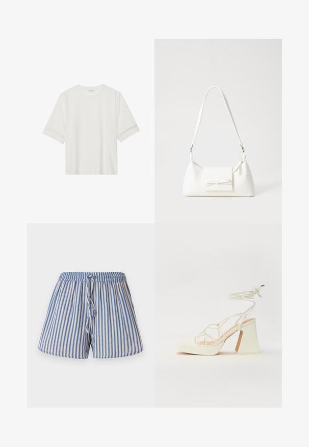 Vit kortärmad t-shirt i bomull, med dekorativa spetsdetaljer längs ärmarna och rund halsringning.; Randiga shorts i beige och blått, med elastisk midja och justerbar dragsko, gjorda av lätt tyg.; Vit högklackad sandal med en kraftig klack, med ett remdesign och ankelband. Slät textur med en plattform framtill för ökad höjd.; Vit syntetisk handväska med triangulär form, platt framklaff och rosettdetalj, justerbar rem, slät textur och minimalistisk design.