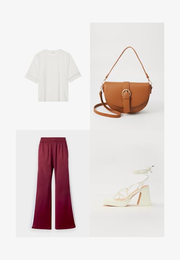 Hvid kortærmet t-shirt lavet af bomuld, med dekorativ blondekant langs ærmerne og en rund halsudskæring.; Burgunderrøde løstsiddende bukser med elastisk talje, udstyret med hvide sidelæg og en glat stofstruktur. Bred ben design.; Hvide højhælede sandaler med en kraftig hæl, der har et stropdesign og ankelbinding. Glat tekstur med en platform foran for ekstra højde.; Brun læder crossbody taske med en buet form, guldfarvet hardware og en spændeaccent. Har en aftagelig skulderrem.