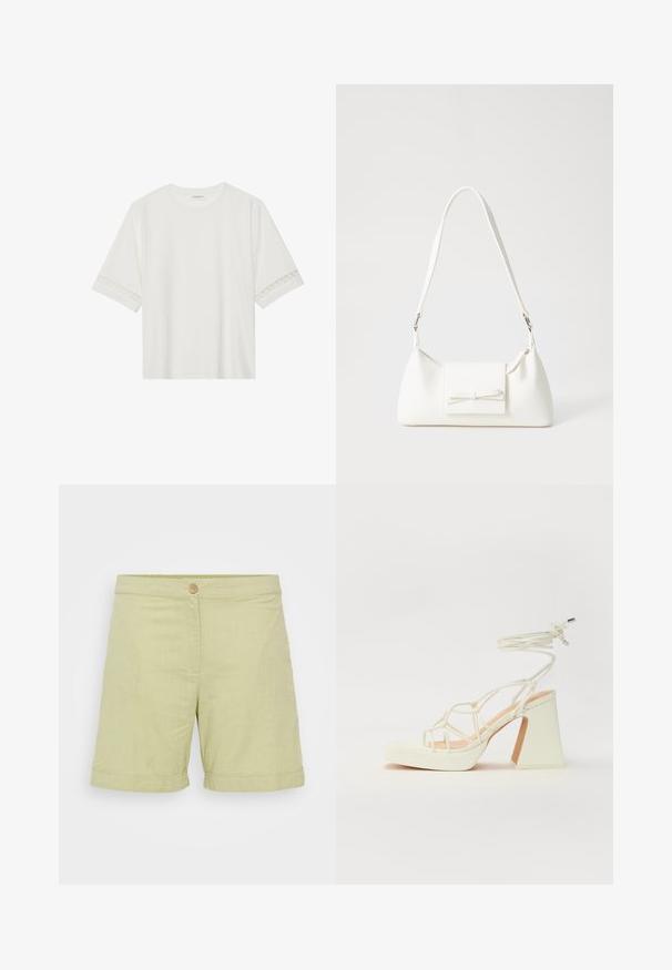 Weißes T-Shirt mit kurzen Ärmeln aus Baumwolle, mit dekorativem Spitzenbesatz entlang der Ärmel und einem runden Ausschnitt.; Hellgrüne Leinenshorts mit Knopfverschluss, glatter Textur, umgeschlagenen Säumen und einem schlichten, geraden Schnitt.; Weiße High-Heel-Sandale mit einem klobigen Absatz, die über ein Riemchendesign und ein Knöchelband verfügt. Glatte Textur mit einer Plattform vorne für zusätzliche Höhe.; Weiße synthetische Handtasche in dreieckiger Form, flache Vorderklappe und Schleifendetail, verstellbarer Trageriemen, glatte Textur und minimalistisches Design.