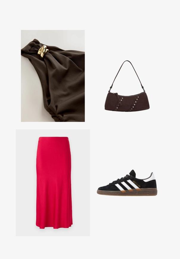 Dark brown swimsuit featuring a gathered fabric design with a twisted accent and gold-tone metal hardware detail. Smooth texture.; Red, midi-length skirt made of smooth, stretchy fabric. Fitted at the top with a flared bottom and no visible fastenings or patterns.; Black Adidas sneaker with white stripes, gold "Spezial" text, gum sole, and white heel tab, shown in profile view.; Brown synthetic leather handbag with a curved shape, zipper closure, and decorative silver studs along one side. Features a short shoulder strap.