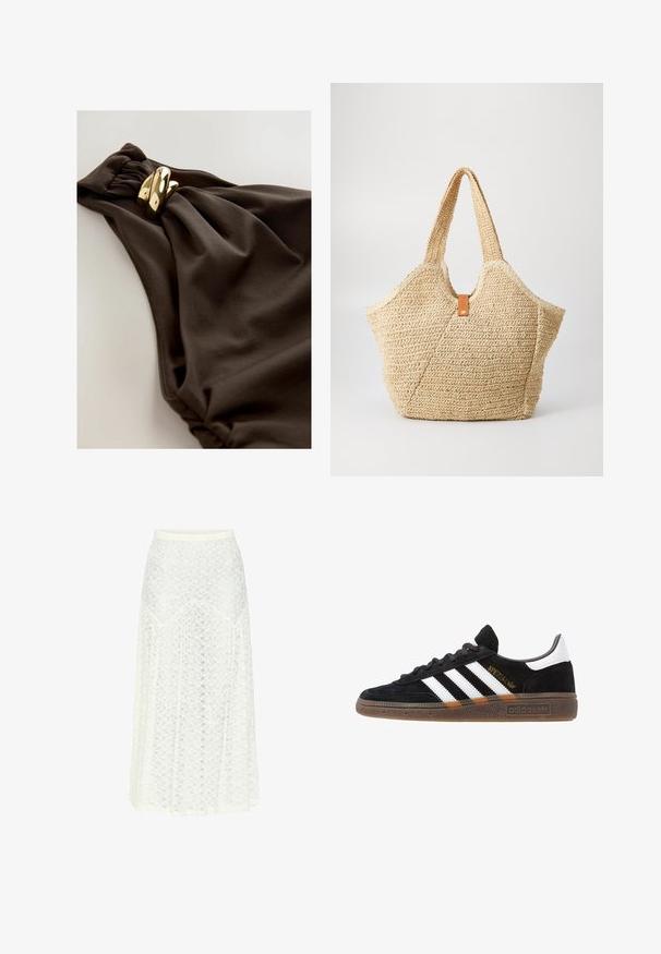 Mørkebrun badedragt med et samlede stofdesign, der har en snoet detalje og hardware i guldfarvet metal. Glat tekstur.; Hvid midi-nederdel i blonde med et let, tekstureret stof. Har en flagrende silhuet og bølgede kanter for ekstra detaljer.; Sort Adidas sneakers med hvide striber, guld "Spezial" tekst, gummisål og hvid hælflap, vist i profil.; Stor stråtask med en tekstureret, beige yderside og to brede håndtag. Har et læderbånd som lukning.
