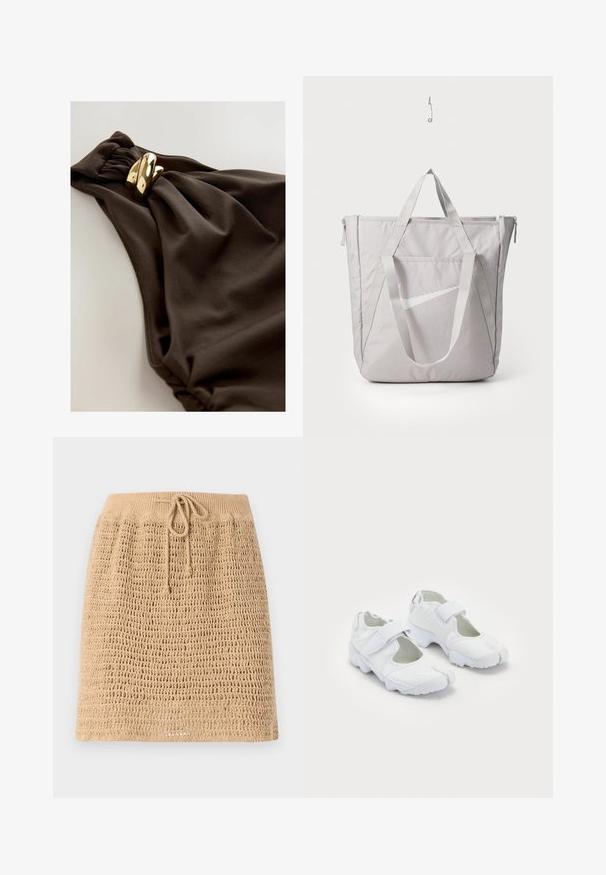 Maillot de bain brun foncé avec un design en tissu froncé, accent tordu et détails en métal doré. Texture lisse.; Jupe beige en tricot avec un design en tissage ouvert et texturé. Présente une taille à cordon pour un ajustement optimal. L'ourlet est droit.; Baskets blanches de sport avec une tige texturée, une sangle Velcro réglable, un bout arrondi et une semelle épaisse avec un motif de crampons distinct.; Sac fourre-tout gris avec des poignées renforcées, poche zippée à l'avant et logo Swoosh Nike blanc. Fabriqué en tissu durable avec une texture lisse.
