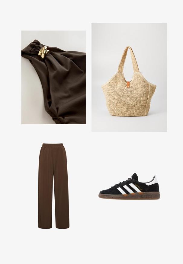 Temno rjav kopalni kostim z nabrano tkanino, ki vključuje zavit akcent in podrobnosti iz kovine v zlatem odtenku. Gladka tekstura.; Rjave široke hlače iz mehkega materiala, z elastičnim pasom in gladko teksturo, brez opaznih vzorcev ali detajlov.; Črne Adidas superge z belimi črtami, zlatim napisom "Spezial", gumo podplatom in belim petnim delom, prikazane v stranskem pogledu.; Velika slamnata torba z zrnato bež zunanjostjo in dvema širokima ročajema. Ima kožno poudarjeno naramnico za zapiranje.