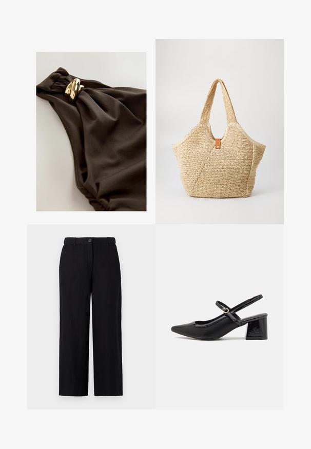 Tmavohnedé plavky s designom z nahrabanej látky, so skrúteným akcentom a detailmi z pozláteného kovu. Hladká textura.; Čierne široké nohavice vyrobené z ľahkej tkaniny, s predným zapínaním na gombík a pútkami na opasok. Hladká textúra bez viditeľných vzorov.; Čierne lakované kožené lodičky so slingback dizajnom, špicatou špičkou, zaobleným výrezom a blokovým podpätkom. Obsahuje akcent zlatého tónu s prackou.; Veľká slamienková taška s texturovaným béžovým povrchom a dvoma širokými uchami. Obsahuje kožený akcentový popruh na uzatvorenie.
