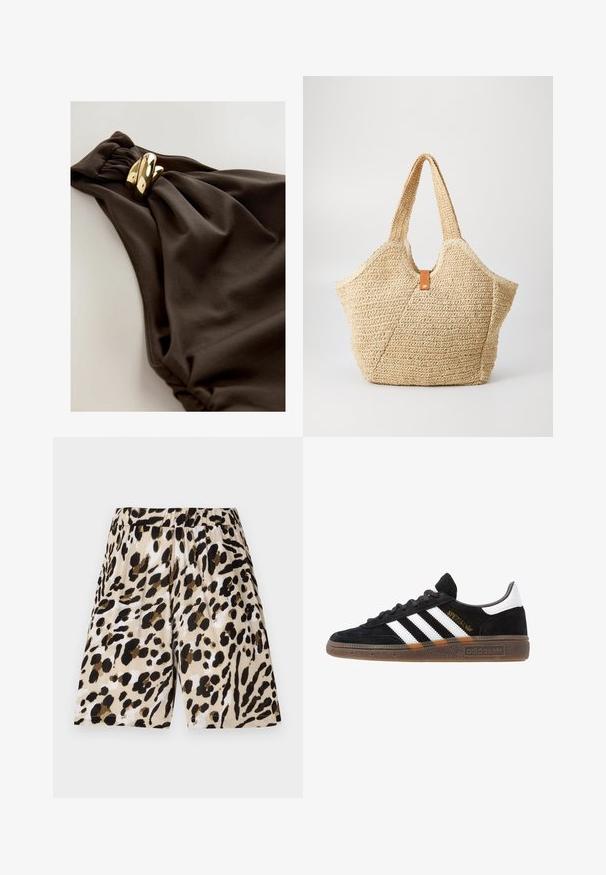 Tumši brūns peldkostīms ar savilkta auduma dizainu, kuram ir izgriezts akcenti un zeltaini metāla elementi. Gluda tekstūra.; Leparda raksta šorti ar elastīgu jostasvietu, izgatavoti no viegla auduma. Iekļauti bēša, melna un brūna krāsa ar strukturētu rakstu.; Melnas Adidas sporta kurpes ar baltām svītrām, zelta "Spezial" uzrakstu, gumijas zoli un baltu papēža daļu, attēlotas profila skatījumā.; Liela salmu soma ar tekstūru, bēšā ārpusi un divām platām rokturām. Iekļauta ādas akcenta siksna aizdarē.