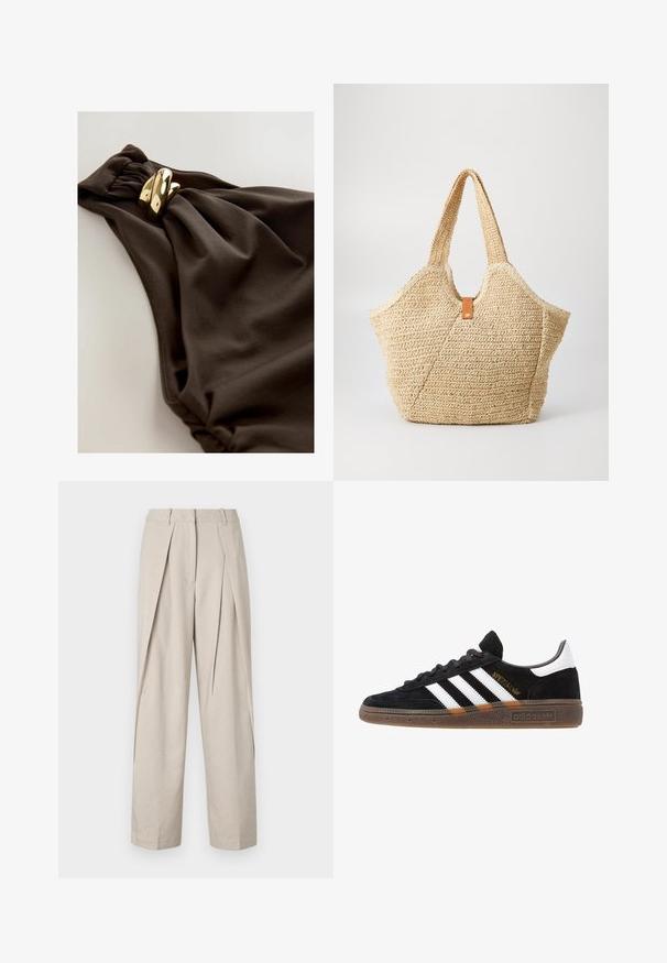 Costume da bagno marrone scuro con un design in tessuto arricciato, accentuato da una torsione e dettagli in metallo dorato. Tessuto liscio.; Pantaloni beige su misura con frontale plissettato, gambe ampie e una texture liscia. Presentano un classico stato in vita e tasche laterali.; Sneaker Adidas nere con strisce bianche, testo "Spezial" dorato, suola in gomma e tab sul tallone bianco, mostrato in veduta laterale.; Grande borsa a tracolla in paglia con un esterno beige testurizzato e due manici larghi. Presenta una cintura in pelle come chiusura.