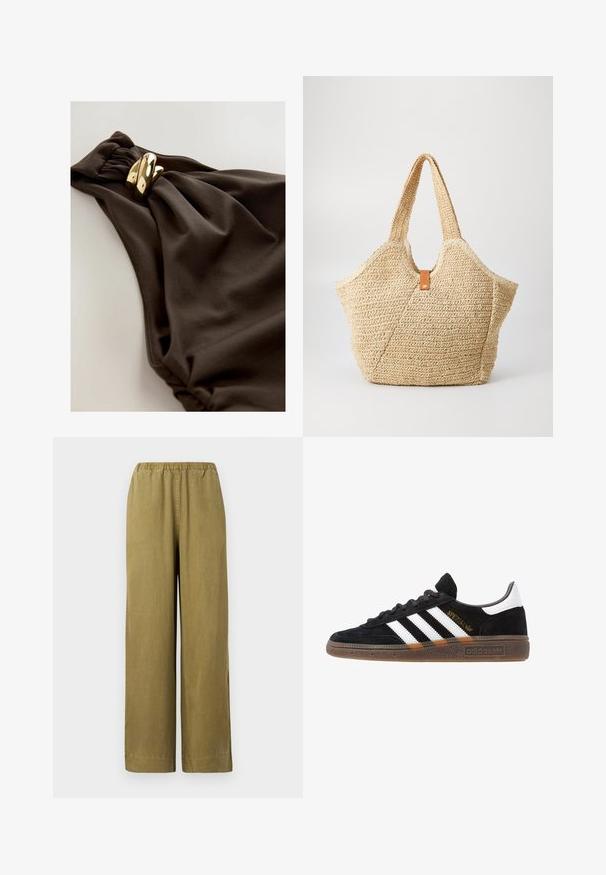 Donkerbruine zwemkleding met een ontworpen stof met plooien, een gedraaide accent en details van goudkleurig metaal. Soepele textuur.; Kaki wijde broek met een elastische tailleband, gemaakt van zachte katoenen stof. Bevat zijopeningen en heeft een rechte snit voor een relaxte pasvorm.; Zwarte Adidas sneaker met witte strepen, gouden "Spezial" tekst, gumzool en witte hieltab, weergegeven in zijaanzicht.; Grote stro tote bag met een getextureerde, beige buitenkant en twee brede handvatten. Beschikt over een leren accentriem voor sluiting.