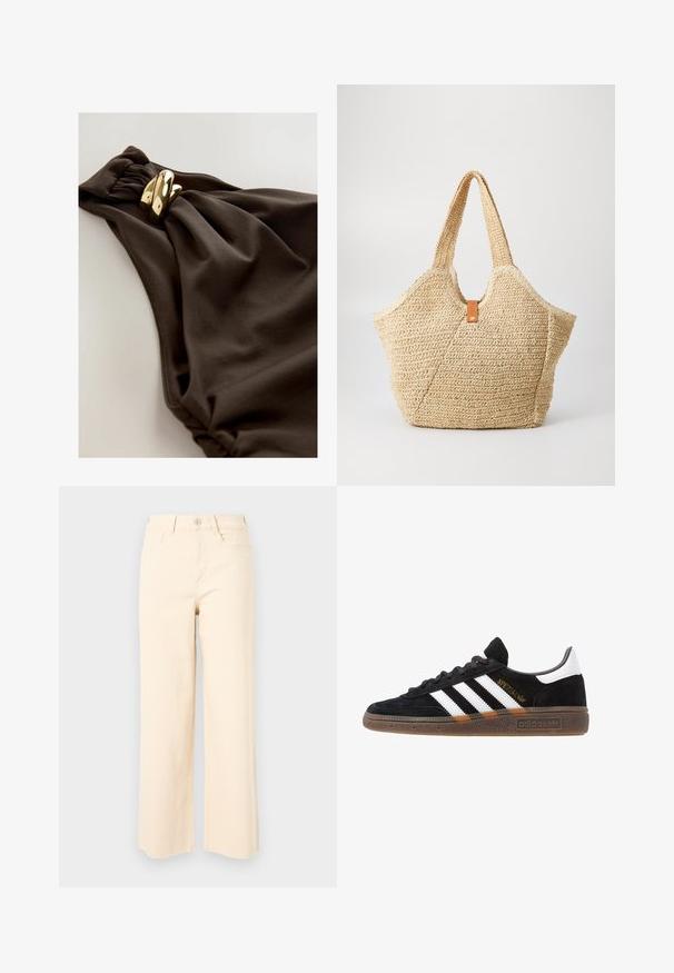 Costum de baie maro închis, cu un design din material plisat și un accent răsucit, având detalii din metal cu ton auriu. Textură netedă.; Jeans bej cu croi larg, confecționați din bumbac, cu talie înaltă, închidere prin buton și două buzunare frontale, având un finisaj neted, texturat.; Sneaker Adidas negre cu dungi albe, text aurit "Spezial", talpă din cauciuc și tab de călcare alb, prezentat din vedere laterală.; Geantă mare din paie cu un exterior texturat, bej și două mânere late. Dispune de o curea din piele pentru închidere.