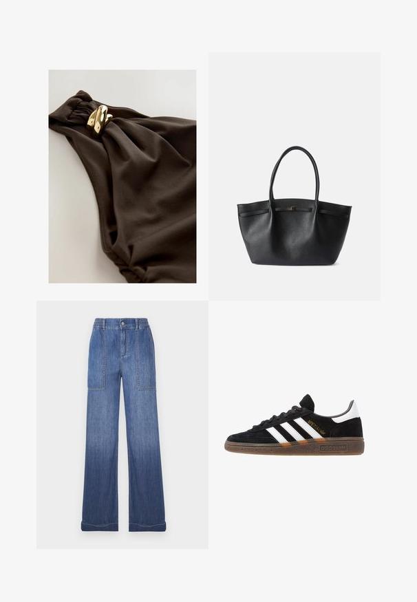 Tummanruskea uimapuku, jossa on kerrostettu kankaan muotoilu, kierrekoriste ja kultaharkkiset metalliyksityiskohdat. Sileä pinta.; Sininen farkkunamainen leveälahkeinen housu, jossa on joustava vyötärö, kaksi etutaskua ja kontrastiväritikkaukset. Kangas on sileä, hieman teksturoitu pinta.; Mustat Adidas-nikeset, joissa on valkoiset raidat, kultaiset "Spezial"-tekstiset, kumipohja ja valkoinen kantapää, esitetty sivuprofiilissa.; Musta olkahihnallinen laukku, joka on valmistettu tekstuurisesta nahasta. Laukku on suorakaiteen muotoinen ja siinä on pieni kultainen yksityiskohta edessä. Ei lisätietoja.