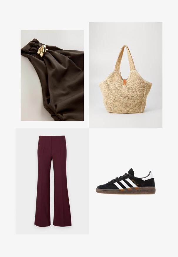 Bañador marrón oscuro con un diseño de tela recogida y un acento retorcido, además de detalles en metal dorado. Textura suave.; Pantalones acampanados de talle alto en burdeos, con pinzas delanteras y un corte entallado, exhibidos sobre un fondo blanco.; Zapatilla negra de Adidas con franjas blancas, texto dorado "Spezial", suela de goma y talón blanco, mostrada en vista lateral.; Gran bolsa de paja con un exterior texturizado en color beige y dos asas anchas. Presenta una correa de acento de cuero para el cierre.