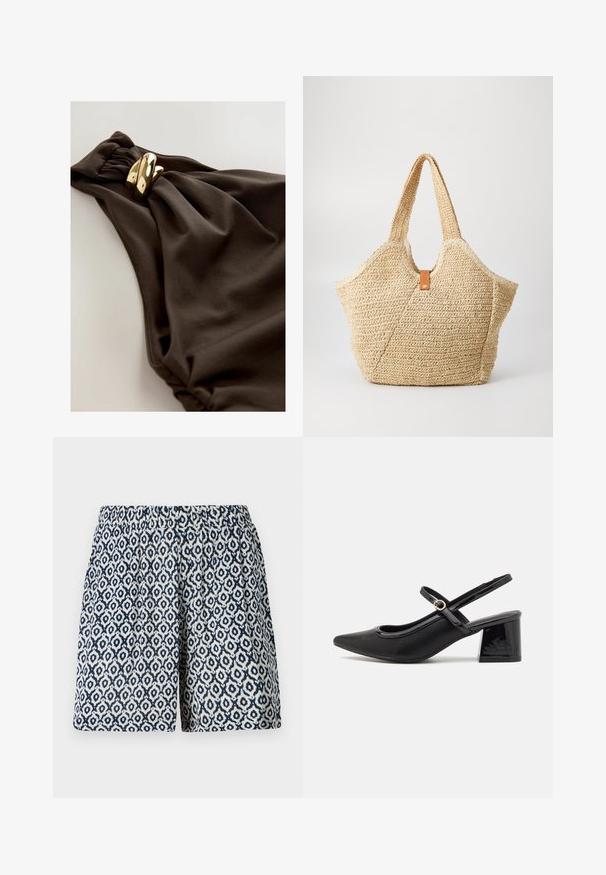 Tmavohnedé plavky s designom z nahrabanej látky, so skrúteným akcentom a detailmi z pozláteného kovu. Hladká textura.; Kraťasy s vzorom v námorníckej modrej a bielej farbe s geometrickým vzorom, elastickým pásom, klasickým strihom a mäkkou, ľahkou textúrou látky.; Čierne lakované kožené lodičky so slingback dizajnom, špicatou špičkou, zaobleným výrezom a blokovým podpätkom. Obsahuje akcent zlatého tónu s prackou.; Veľká slamienková taška s texturovaným béžovým povrchom a dvoma širokými uchami. Obsahuje kožený akcentový popruh na uzatvorenie.
