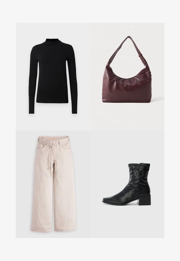 Camisa de turtleneck preta de manga longa feita de tecido suave; design justo com um colarinho alto e sem costuras visíveis. Cor sólida e simples.; Calças largas de denim em bege claro, com fecho de botão, passantes para cinto e bolsos frontais. Textura suave com um corte descontraído.; Bota de couro preta até o meio da panturrilha com bico quadrado, zíper lateral e salto bloco, sobre um fundo branco liso.; Bolsa de ombro em couro bordô suave, com alça ajustável e fecho de zíper, exibida sobre um fundo branco liso.