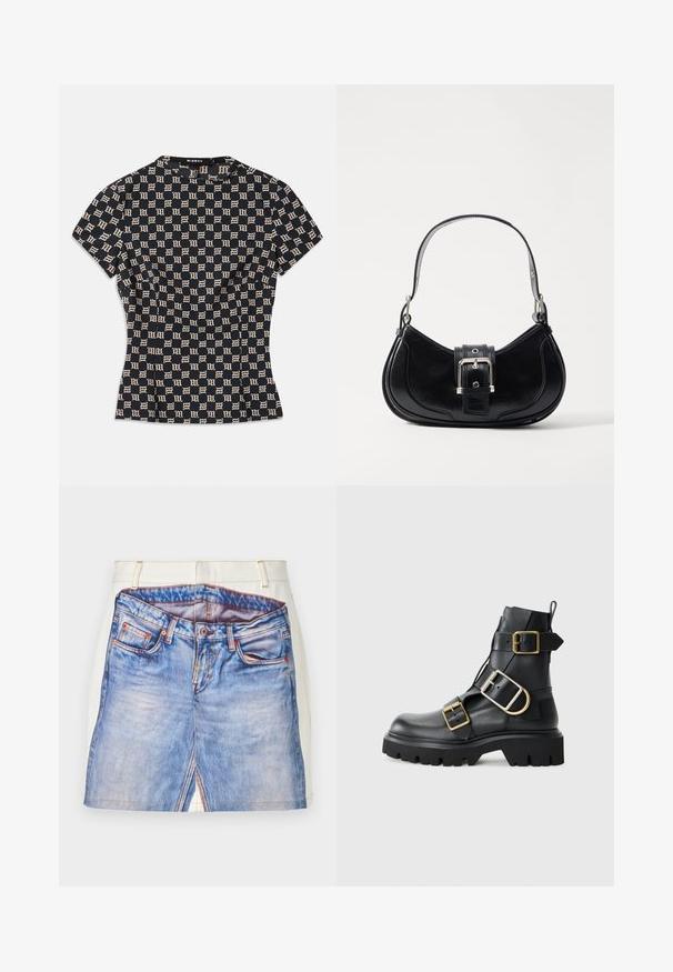 Tamsiai mėlynas trumpomis rankovėmis prigludęs marškinėliai su smėlio spalvos geometrišku raštu. Turi aukštą iškirptę ir tekstūruotą audinį. Prekės ženklas ant nugaros.; Trumpetas džinsų sijonas su spausdinta mėlyno džinsinio audinio struktūra, baltu dirželiu, oranžiniais siūlais ir šoninėmis plyšiais.; Juodas odinis kulkšninis batas su masyviu padu, turintis kelias juostas ir auksinius aksesuarus. Lygi tekstūra, tvirtas dizainas.; Juoda odinė rankinė su išlenktu dizainu, turinti centrą apimančią sagtį ir trumpą, lygią rankeną. Tekstūruoti akcentai pagerina jos išvaizdą.