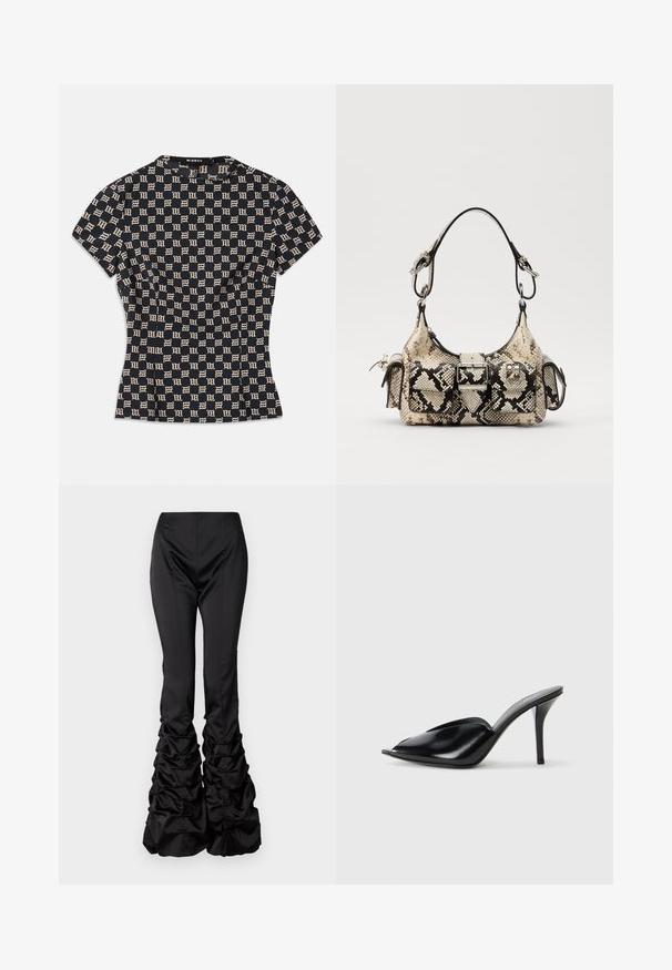 Tamsiai mėlynas trumpomis rankovėmis prigludęs marškinėliai su smėlio spalvos geometrišku raštu. Turi aukštą iškirptę ir tekstūruotą audinį. Prekės ženklas ant nugaros.; AVAVAV PLEATED TROUSER - Kelnės - black; Juodos odinės aukštakulnės mules su atvira pirštine, smailiu dizainu, lygiu paviršiumi ir plonu stiletto kulnu.; Python-print rankinė smėlio ir juodos spalvos, su struktūrizuota forma, sagties detale ir dviem petnešomis. Textūruotas paviršius.