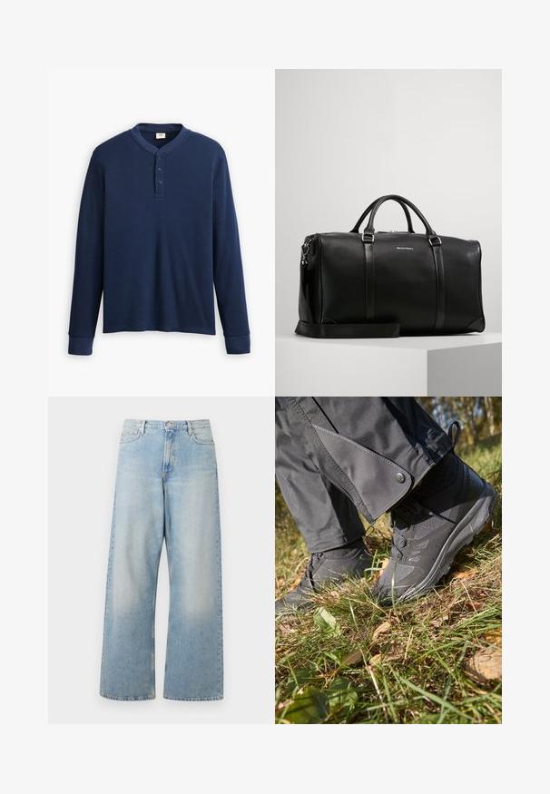 Mørkeblå langermet henley-skjorte laget av ribbet stoff. Har rund halslinning og tre knapper. Ermene er tettsittende.; Lyseblå vide jeans laget av denim, med høy midje, frontlommer og en bleknet vask med subtile vasker ved lårene.; Svarte vanntette tursko med teksturert stoff og gummisåler, sammen med grå bukser med trykknapper, plassert på gresskledd bakgrunn med blader.; Svart skinn duffelbag med duale håndtak og justerbar skulderreim. Har sølvfarget hardware og subtil preget logo på fronten.