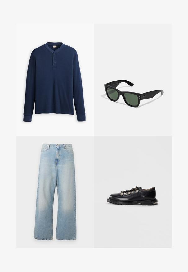 Langärmliges navyblaues Henley-Shirt aus geripptem Stoff. Mit rundem Ausschnitt und einer Knopfleiste mit drei Knöpfen. Die Bündchen sind schmal geschnitten.; Helle blaue weit geschnittene Jeans aus Denim, mit hoher Taille, Fronttaschen und einem ausgewaschenen Look mit subtilen Abzeichen an den Oberschenkeln.; Schwarzer Leder-Schnürschuh mit niedrigem Schnitt, dicker Sohle, Metallösen, dekorativen silbernen Charms an den Schnürsenkeln und strukturiertem Profil auf der Sohle.; Schwarze rechteckige Sonnenbrille mit grünen Gläsern, matte Oberfläche, dezente Hardware-Akzente und eingeprägtes Logo am Schläfenbereich.