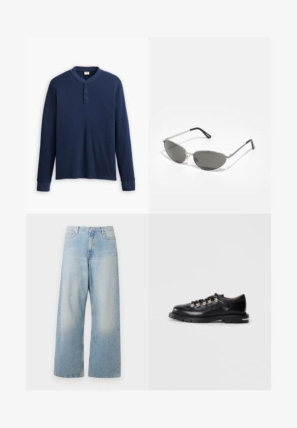 Camisa henley de manga larga en color azul marino hecha de tela acanalada. Presenta un escote redondo y una tapeta de tres botones. Los puños son ajustados.; Vaqueros de pierna ancha de color azul claro, confeccionados en denim, con una cintura alta, bolsillos frontales y un lavado desgastado con un sutil efecto de desgaste en los muslos.; Zapato bajo de cuero negro con suela gruesa, ojales de metal, adornos plateados decorativos en los cordones y un dibujo texturizado en la suela.; Gafas de sol con un elegante marco de metal plateado, lentes tintados de color gris y un diseño aerodinámico que presenta bordes puntiagudos y patas delgadas.