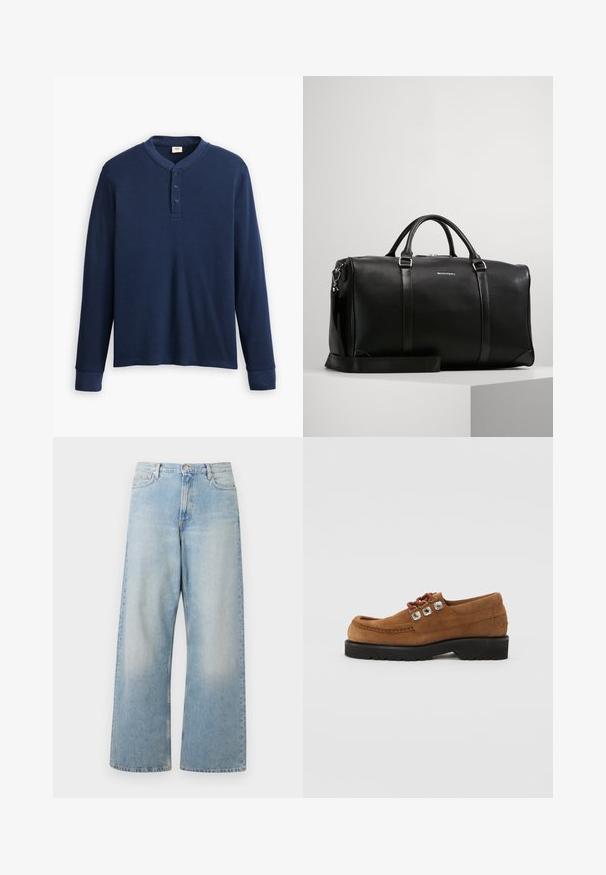 Maglietta henley a maniche lunghe di colore blu navy realizzata in tessuto a coste. Caratterizzata da un colletto rotondo e una placca con tre bottoni. I polsini sono aderenti.; Jeans a gamba larga di un blu chiaro realizzati in denim, con vita alta, tasche frontali e una finitura sbiadita con leggere sfumature all'altezza delle cosce.; Scarpe in suede marrone con punta rotonda, colletto imbottito e occhielli decorativi in tonalità argento. Suola in gomma nera per trazione e stabilità.; Borsa a duffle in pelle nera con doppio manico e tracolla regolabile. Presenta dettagli in argento e un logo goffrato discreto sul davanti.