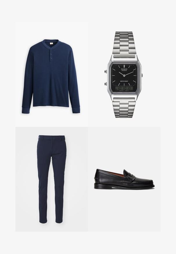 Maglietta henley a maniche lunghe di colore blu navy realizzata in tessuto a coste. Caratterizzata da un colletto rotondo e una placca con tre bottoni. I polsini sono aderenti.; Pantaloni blu navy con una texture liscia, design slim fit, passanti per cintura, chiusura a bottone e tasche frontali. Nessun motivo o dettaglio visibile.; Mocassini in pelle nera con finitura liscia, punta arrotondata e fascia decorativa sulla tomaia. Caratterizzati da una suola nera bassa.; Orologio in acciaio inox argento con quadrante rettangolare nero, dotato di lancette analogiche, display digitale e etichetta di resistenza all'acqua.