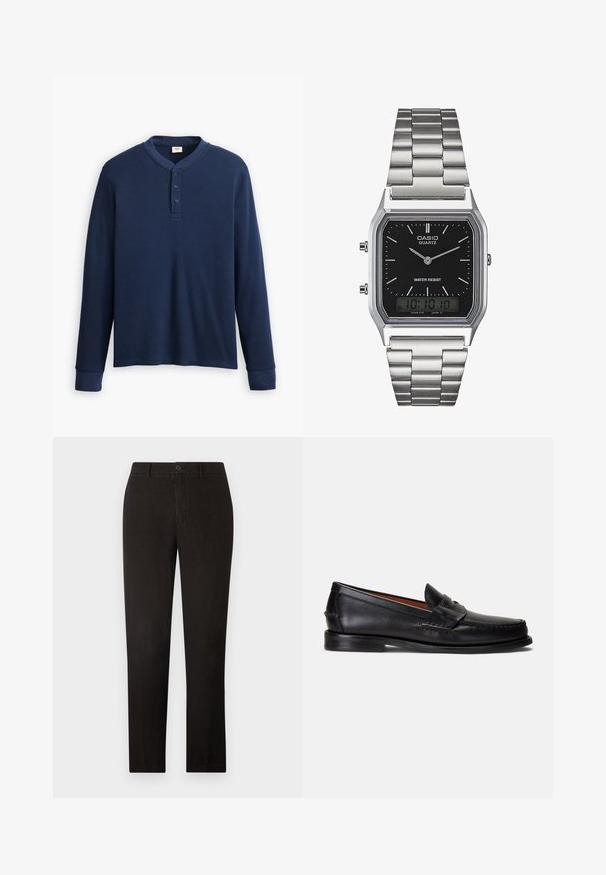Hosszú ujjú sötétkék henley póló bordázott anyagból. Kerek nyakú, három gombos pánttal rendelkezik. Az ujjak szűkítettek.; 120% Lino MEN PANT - Nadrágok - black; Fekete bőrből készült mokaszinok sima felülettel, lekerekített orral és díszítő szalaggal a felsőrészén. Alacsony fekete talppal rendelkeznek.; Ezüst rozsdamentes acél kvarcóra fekete, téglalap alakú számlappal, analóg mutatókkal, digitális kijelzővel és vízállósági jelöléssel.