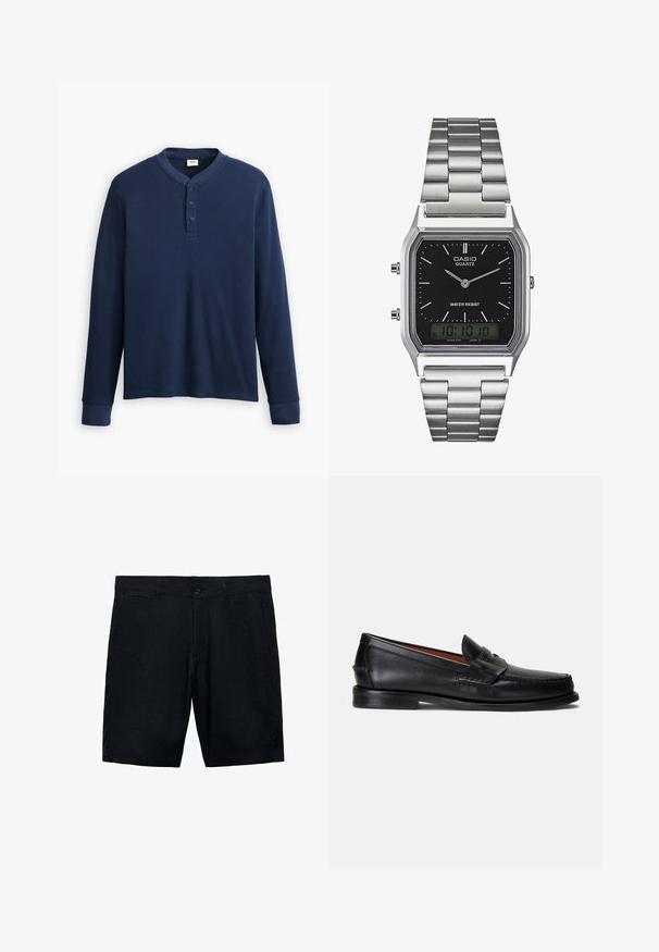Langärmliges navyblaues Henley-Shirt aus geripptem Stoff. Mit rundem Ausschnitt und einer Knopfleiste mit drei Knöpfen. Die Bündchen sind schmal geschnitten.; Schwarze Leinen-Shorts mit flachem Frontdesign, Seitentaschen und einem einzigen Knopfverschluss; glatte Textur und maßgeschneiderte Passform.; Schwarze Lederloafer mit glatter Oberfläche, abgerundetem Zehenbereich und dekorativem Riemen über dem Spann. Verfügt über eine flache schwarze Sohle.; Silberner Edelstahl-Quartz-Uhr mit schwarzem rechteckigem Zifferblatt, ausgestattet mit analogen Zeigern, digitaler Anzeige und Wasserdichtigkeitslabel.