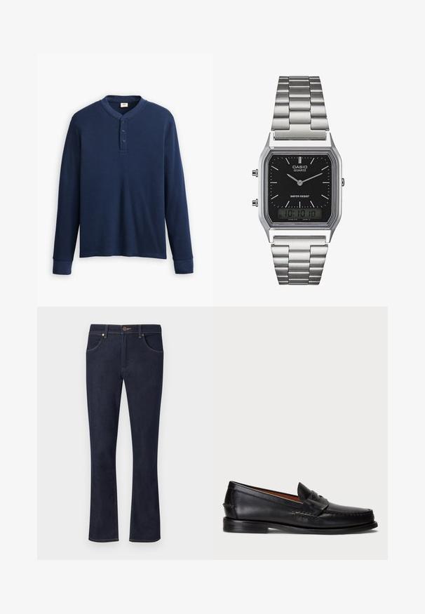 Pitkähiainen tummansininen henley-paita ribbikankaasta. Ominaisuuksiin kuuluu pyöreä kaula-aukko ja kolme nappia. Hihansuut ovat istutetut.; Tummansininen leveälahkeinen farkut, jotka on valmistettu denimistä, ja joissa on kaksi etutaskua sekä nappisulku. Ominaisuuksiin kuuluu erottuvat koristetikkaukset saumoissa.; Musta nahkainen loaferi pyöristetyn varpaankärjen, ommellun yksityiskohdan ja koristeellisten hihnojen kanssa edessä. Tasapohja, jossa minimaalinen profiili.; Vesipitävä musta neliskulmainen quartz-kello, jossa on hopeanvärinen ruostumaton teräsranneke, analogiset viisarit ja digitaalinen näyttö.