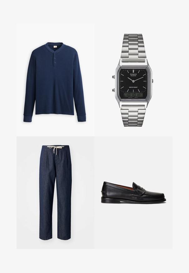 Tamsiai mėlynas ilgų rankovių henley marškinėliai, pagaminti iš rievėtos medžiagos. Savybės: apvalus iškirpimas ir trys mygtukų skylutės. Rankogaliai prigludę.; Tamsiai mėlynos džinsinės kelnės su laisvu siluetu, turi raištelį juosmens srityje ir sklandžią tekstūrą. Tiesus kojų dizainas su klostėmis.; Juodi odiniai mokasinai su lygiu paviršiumi, apvalia nosimi ir dekoratyvine juostele viršutinėje dalyje. Turi žemą juodą pado dalį.; Sidabrinis nerūdijančio plieno kvarcinis laikrodis su juodu stačiakampiu ciferblatu, turintis analoginius rodykles, skaitmeninį ekraną ir vandeniui atsparumo etiketes.