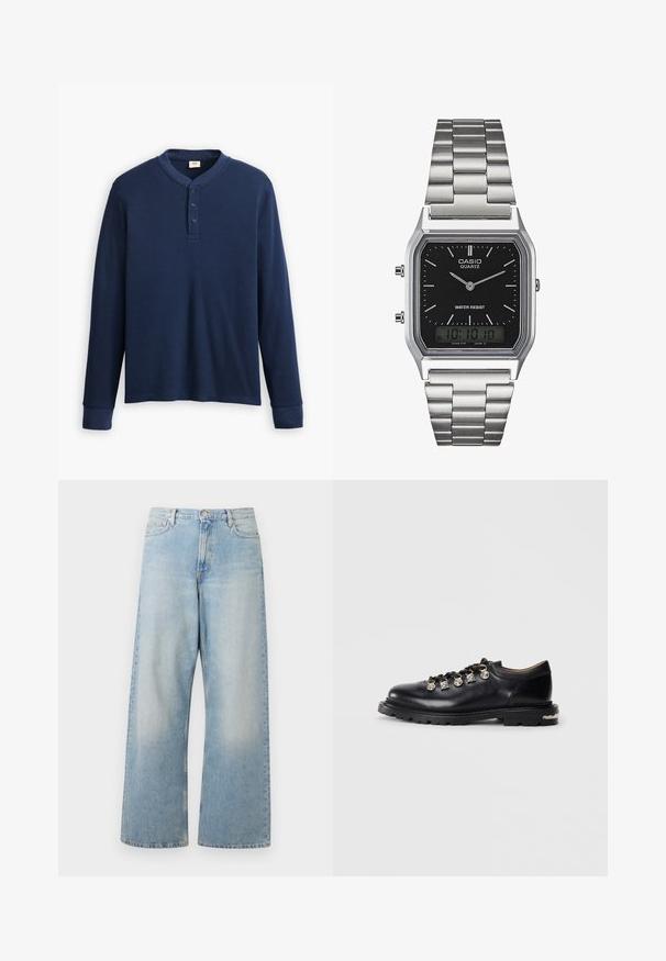 Cămașă henley cu mânecă lungă de culoare bleumarin, confecționată dintr-un material tip plasă. Prezintă un decolteu rotund și o față cu trei butoni. Manșetele sunt ajustate.; Jeans largi bleu deschis din denim, cu talie înaltă, buzunare frontale și o spălare decolorată, cu urme ușoare pe coapse.; Pantofii negri din piele, cu talpă groasă, gauri metalice, farmecuri decorative argintii pe sireturi și model texturat pe talpă.; Ceas de quartz din oțel inoxidabil argintiu, cu un cadran rectangular negru, având ace analogice, afișaj digital și etichetă de rezistență la apă.