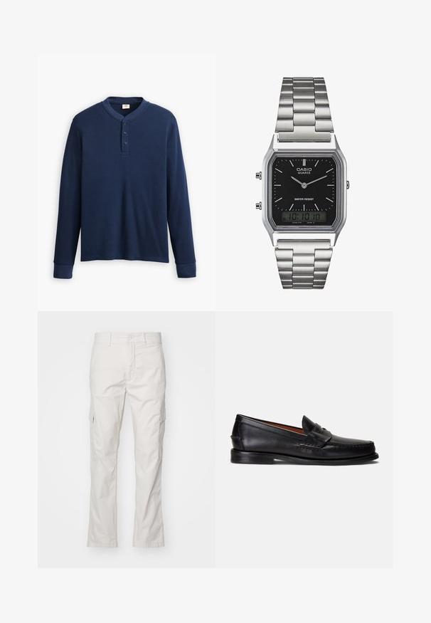 Polo majica z dolgimi rokavi v temno modri barvi, izdelana iz rebraste tkanine. Ima okroglo izrezano ovratnik in tri gumbe na zapenjanju. Manšete so prilegajoče.; Bež bombažne cargo hlače s stranskimi žepi, ravnimi nogami, zankami za pas in zadrgo ter gumbom za zapiranje v predelu pasu.; Črni usnjeni loaferji z gladkim zaključkom, zaobljenim koničkom in okrasnim trakom čez zgornji del. Imajo nizko črno podplato.; Srebrna quartz ura iz nerjavečega jekla z črnim pravokotnim številcem, ki ima analogne kazalce, digitalni prikaz in oznako za vodoodpornost.