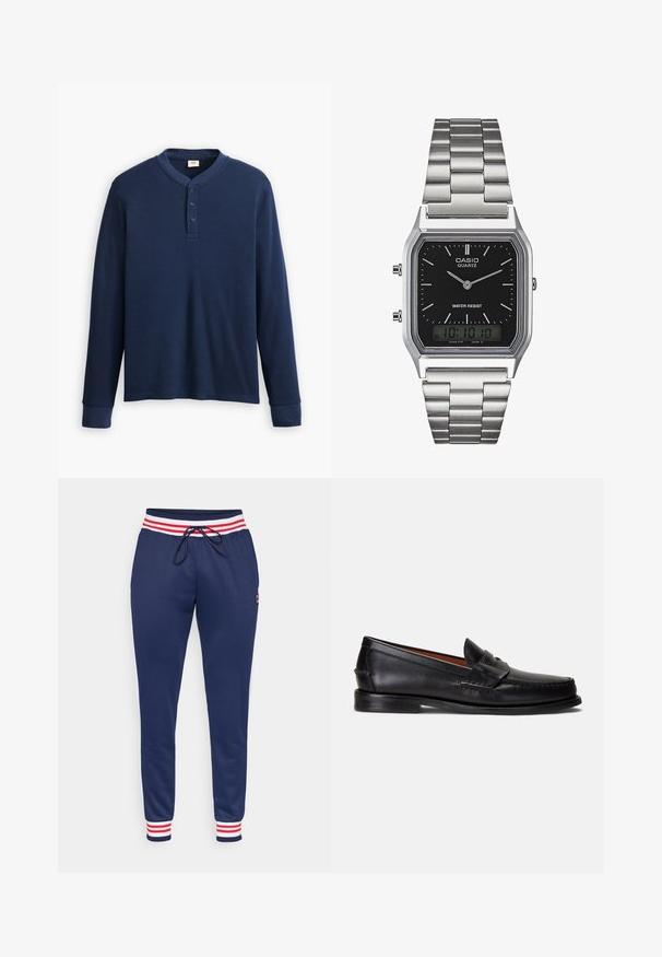 Pitkähiainen tummansininen henley-paita ribbikankaasta. Ominaisuuksiin kuuluu pyöreä kaula-aukko ja kolme nappia. Hihansuut ovat istutetut.; Laikennavyhousut, joissa on punavalkoinen raidallinen vyötärö, naru, kapenevat lahkeet, sivutaskut ja pieni logoyksityiskohta reidessä.; Musta nahkainen loafer, jossa on sileä pinta, pyöristetty kärki ja koristeellinen nauha päälliosassa. Varustettu matalalla mustalla pohjalla.; Vesipitävä musta neliskulmainen quartz-kello, jossa on hopeanvärinen ruostumaton teräsranneke, analogiset viisarit ja digitaalinen näyttö.