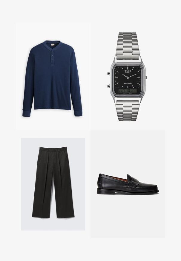 Long-sleeve navy blue henley shirt made of ribbed fabric. Features a round neckline and three button placket. Cuffs are fitted.; Black wide-leg trousers with a smooth texture, featuring two front pockets and a slightly raised waistband.; Black leather loafers with a smooth finish, rounded toe, and a decorative band across the upper. Features a low black sole.; Silver stainless steel quartz watch with a black rectangular face, featuring analog hands, digital display, and water resistance label.