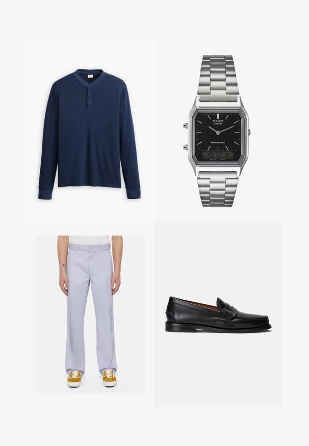 Pikkade varrukatega tumehall henley särk, valmistatud ribakudumist. Omab ümara kaelaaugu ja kolme nööbiga kinnitust. Varrukaotsad on kitsad.; Heledad sirelille värviga püksid, mis on valmistatud siledast kangast, sirge sääre lõikega, õmmeldud värvliga ja minimalistliku disainiga, koos valgete tennisetega.; Mustad nahast mokassiinid siledapinnalise, ümara varba ja dekoratiivse paelaga pealpool. Omavad madalat musta tallaga.; Hõbedane roostevabast terasest kvarts kell musta ristküliku kujulise näoga, millel on analoognõjad, digitaalelektrooniline kuva ja vee vastupanu silt.