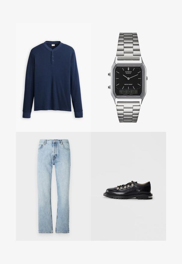 Camisa henley de manga larga en color azul marino hecha de tela acanalada. Presenta un escote redondo y una tapeta de tres botones. Los puños son ajustados.; Jeans rectos de color azul claro hechos de denim, con un diseño clásico de cinco bolsillos y cierre de botón en la cintura.; Zapato bajo de cuero negro con suela gruesa, ojales de metal, adornos plateados decorativos en los cordones y un dibujo texturizado en la suela.; Reloj de cuarzo de acero inoxidable plateado con una esfera rectangular negra, que presenta manecillas analógicas, pantalla digital y etiqueta de resistencia al agua.