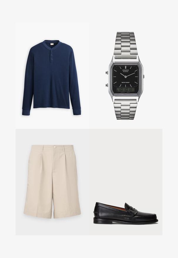 Halenka s dlouhým rukávem v námořnické modré barvě, vyrobená z kotoučového materiálu. Má kulatý výstřih a zapínání na tři knoflíky. Manžety jsou přiléhavé.; Bežové šité šortky z lehkého materiálu, s předním knoflíkem, dvěma bočními kapsami a záhybem na přední straně.; Černé kožené mokasíny s kulatou špičkou, prošívanými detaily a dekorativním páskem přes přední část. Plochá podrážka s minimálním profilem.; Stříbrné nerezové ocelové hodinky s quartzovým strojem a černým obdélníkovým ciferníkem, které mají analogové ručičky, digitální displej a označení voděodolnosti.