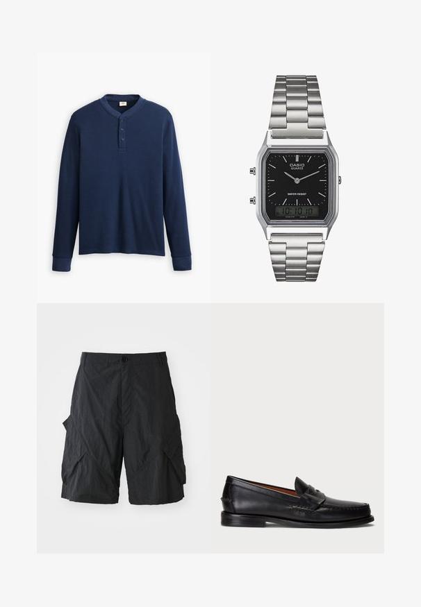 Long-sleeve navy blue henley shirt made of ribbed fabric. Features a round neckline and three button placket. Cuffs are fitted.; Black cargo shorts made of lightweight material, featuring a textured surface, button closure, and multiple side pockets.; Black leather loafer with a rounded toe, stitched detailing, and a decorative strap across the front. Flat sole with minimal profile.; Silver stainless steel quartz watch with a black rectangular face, featuring analog hands, digital display, and water resistance label.