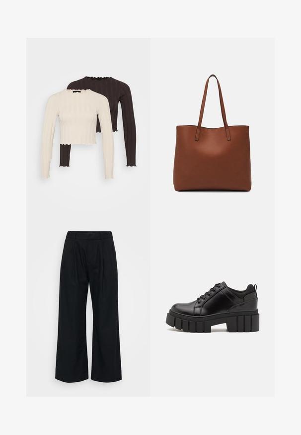 Tejcsíkos, hosszú ujjú felsők krém és sötétbarna színben, melyek rövidített fazonúak és fodros nyakkivágással rendelkeznek, hullámos széllel.; Fekete, bő szárú nadrág, puha anyagból, lapos elülső résszel, látható redőkkel, és övakasztókkal ellátott derékkal.; Fekete bőr platform cipők vaskos blokk sarkakkal, kerek orral és hagyományos fűzős kialakítással. Simára csiszolt felület és minimális részletezés jellemzi.; Barna bőr vászontáska sima textúrával, nyitott tetejű dizájnnal és két vállpánttal. Minimális varrással és látható hardver nélkül készült.