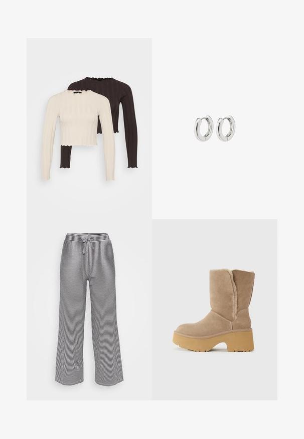 Rebrasti dolgi rokavi v kremni in temno rjavi barvi, ki se ponašajo s skrajšanim krojem in nabranimi izrezki z valovitimi robovi.; Hlače širokih nogavic iz mehkega materiala z vodoravnimi črnimi in belimi črtami, s prožno pasom in vrvico za prilagodljivo prileganje.; Bež nubuk škornji do sredine teleta z debelim rumenim podplatom, ki imajo mehko teksturirano podlogo in zaobljen oblikovan prst. Enoten zunanji površinski izgled.; Srebrni obročasti uhani s poliranim finišom, ki se ponašajo s krožno zasnovo in brezšivnimi tečaji ter gladko teksturo.