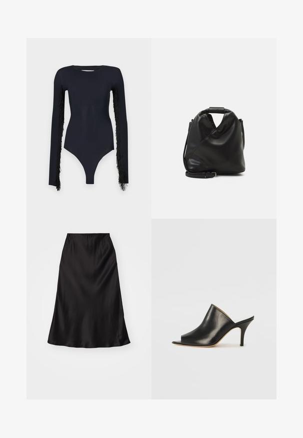 Juodas bodis ilgomis rankovėmis, su frakais papuošimu ant rankovių, pagamintas iš lygaus, tamprios medžiagos, su giliais iškirpimu.; Juodas satino sijonas su lygiu paviršiumi, išplatėjusia forma ir elastine juosta. Minimalistinis dizainas, be papildomų raštų ar akcentų.; Juodas odinis atviras mules batelis su elegantišku, kreiviu dizainu, aukštu stiletto kulnu ir lygiu paviršiumi. Vidus turi kontrastingą šviesią spalvą.; Juodas, minkštas odinis krepšys su unikaliu išsuktiniu dizainu. Yra trumpas rankenas ir nuimamas peties diržas. Minimalistinis stilius.