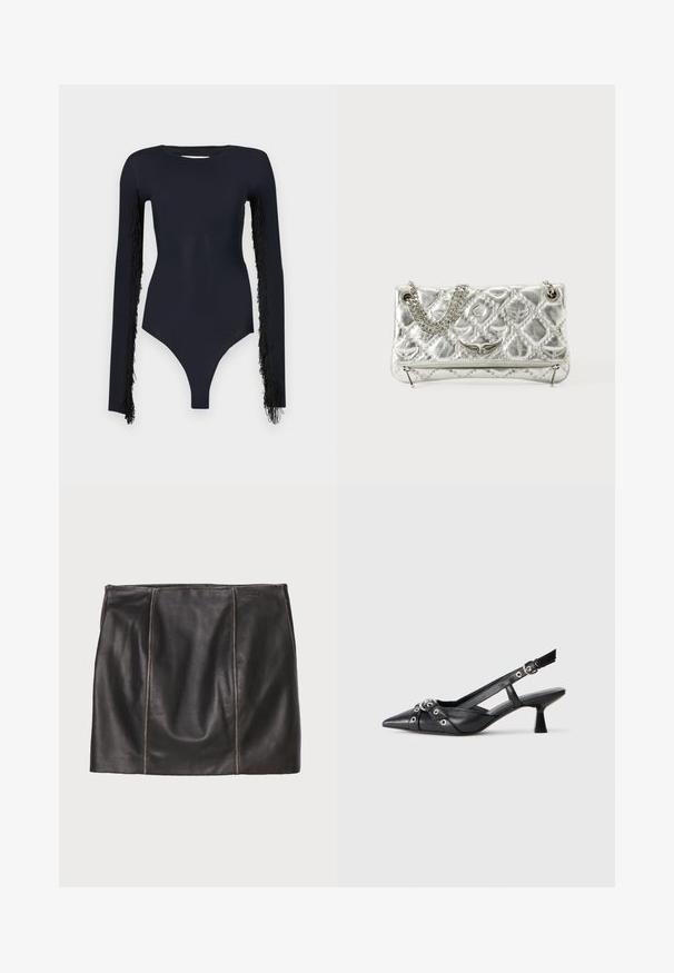 Mustmustükk pikka varrukatega, millel on fringi detailid varruka ääres, valmistatud libedast ja venivast kangast, sügava dekoltee kaudu.; Must must nahkseelik, millel on õmblusega paneelid, sirge siluett ja sile tekstuur. Minimalistlik disain ilma riistvara kasutamiseta.; Must must have must toote tõmblukuga, dekoratiivsed rihmad metallist silmadega ja madal blokk-kand. Tekstureeritud pind.; Hõbedane metallist käekott ahelakäepidemega, koos tepitud tekstuuri, dekoratiivse õmbluse ja lukuga. Esiküljel on embosseeritud aktsendid.