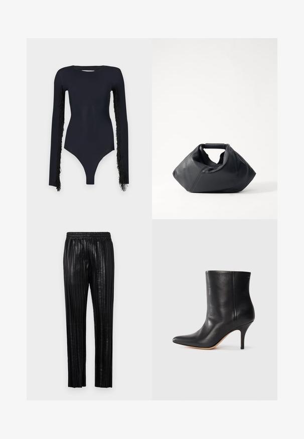 Black bodysuit with long sleeves, featuring fringed detailing along the arms, made from a smooth, stretchy fabric, with a deep neckline.; Black pleated trousers made of leather with an elastic waistband and straight-leg cut, featuring vertical grooves for texture.; Black leather ankle boot with pointed toe, slim stiletto heel, and smooth texture. Minimalist design with no visible hardware or accents.; Black leather bag with a textured exterior, unique crumpled shape, and a short handle. Features a single main compartment.