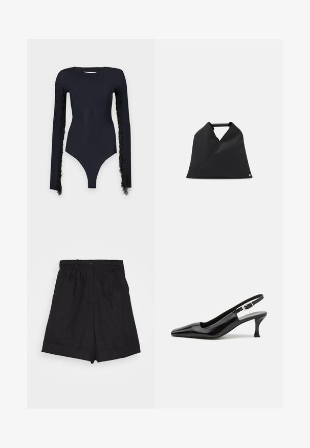 Melna bodijs ar garām piedurknēm, ar frēzētu dekoru gar rokām, izgatavots no gludas, elastīgas auduma, ar dziļu dekoltē.; Faithfull the brand CAMPANIA - Šorti - black; Melnas lakotas siksnas augstpapēžu kurpes ar norādītu purngalu un sudraba sprādzi uz papēža, ar gludu, spīdīgu apdari.; Melnas ādas soma ar asimetrisku dizainu un teksturētu virsmu. Tai ir vienkārša rokturis un izsmalcināts logo akcentējums.