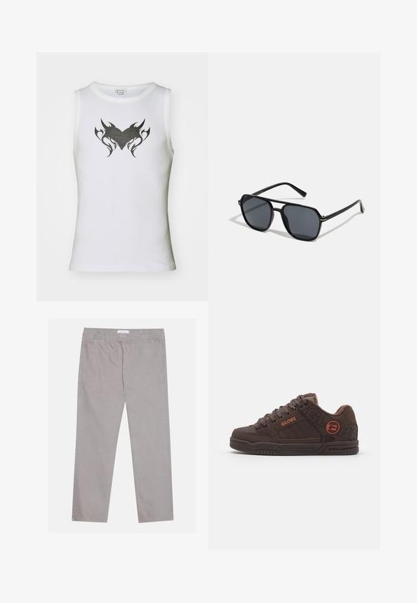 Haut sans manches blanc en coton avec un motif de cœur tribal noir au centre. Dispose d'un col rond et d'une texture côtelée.; Pantalon en coton gris clair avec une taille élastique, deux poches latérales, coupe droite et texture lisse. Détail de couture simple.; Chaussures de skate marron avec un col rembourré, un dessus en cuir texturé et un logo en relief. Dotées de lacets épais et d'une semelle en caoutchouc avec des rainures.; Lunettes de soleil noires avec monture octogonale, verres foncés, finition brillante, branches fines et accents dorés sur l'avant.